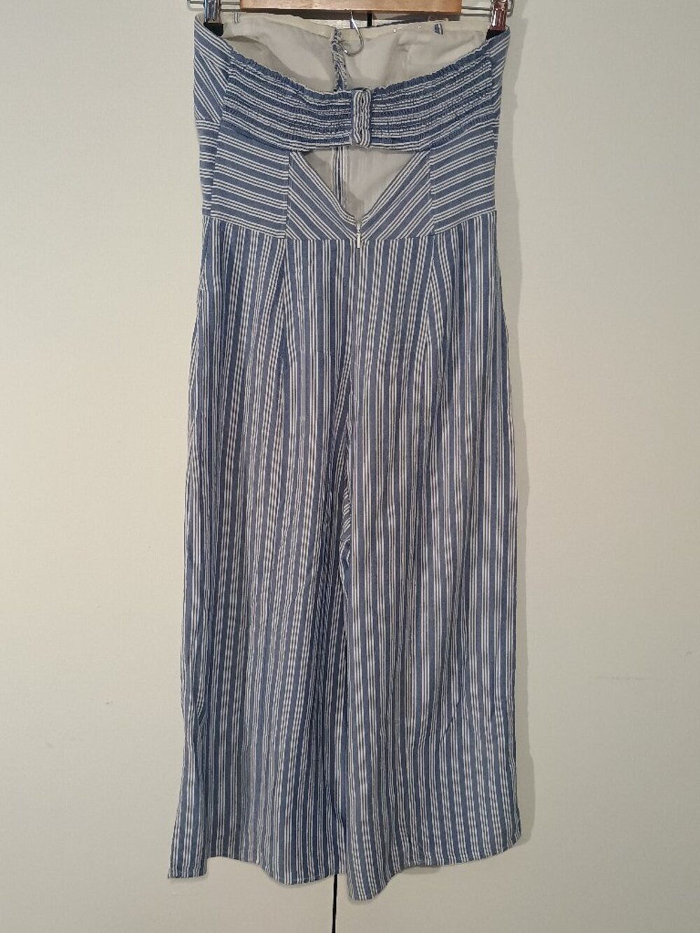 American Eagle Size 4 Blue White Striped Strapless Wide-Leg Jumpsuit - Picture 3 of 11